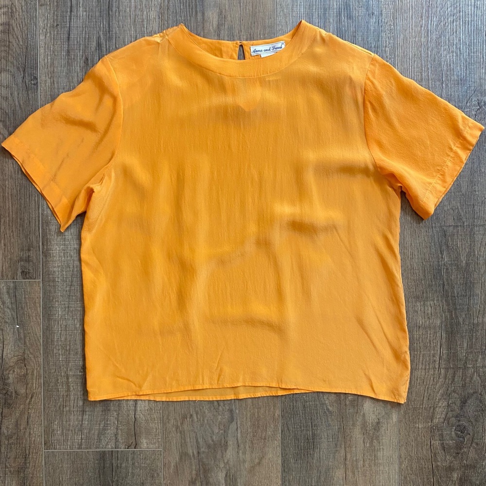 Anna and Frank Orange 100% Silk Short Sleeve Blouse Crew Neck Top Womens Medium